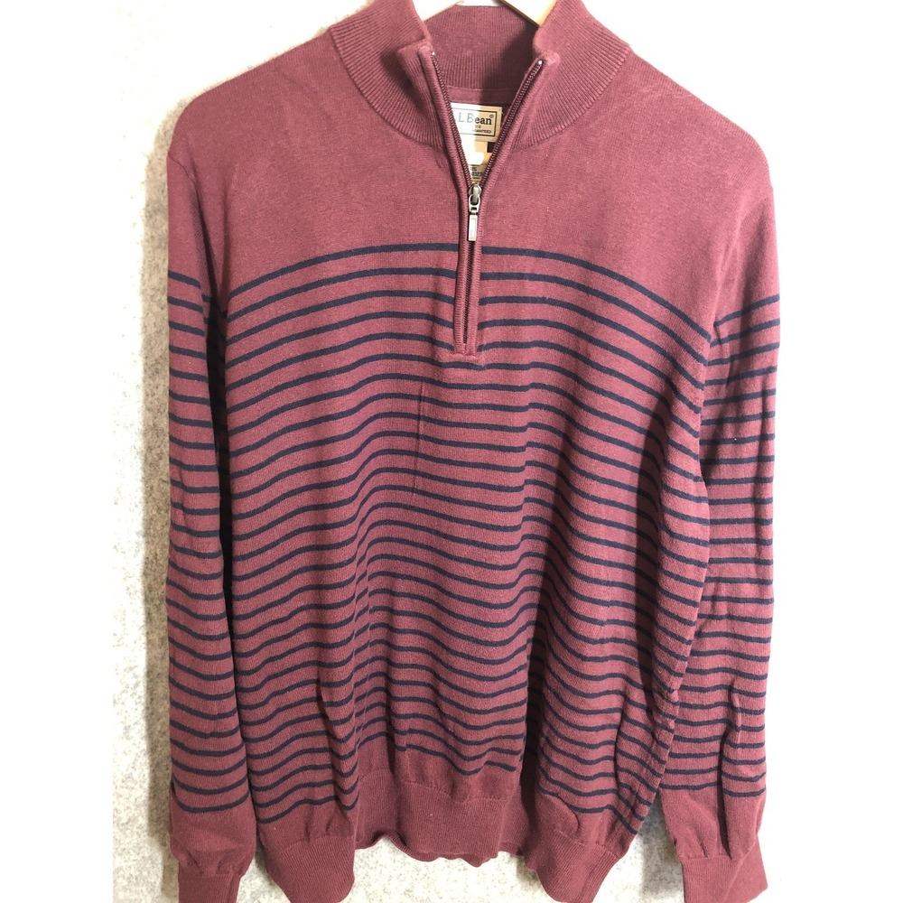 L.L.Bean Sweater Mens XL Red Stripe Cotton Cashmere 1/2 Zip Mock Neck Casual
